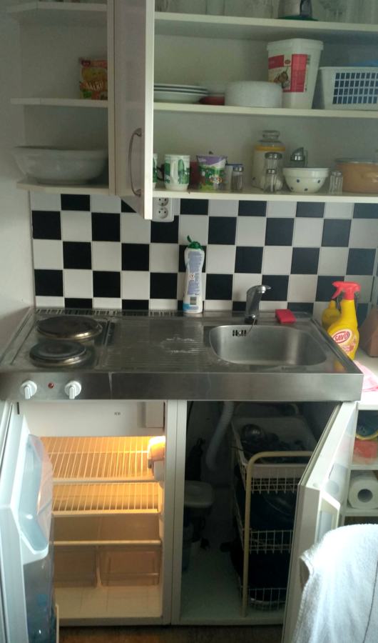 Police s nádobím nad linkou, pod ní lednička